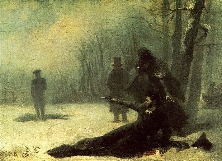 러시아의 저명한 시인이었던 알렉산드르 푸시킨은 1837년, 불과 38세의 나이에 결투 도중 숨을 거뒀다. 결투 장면을 그린 작품 모습(사진=위키피디아)