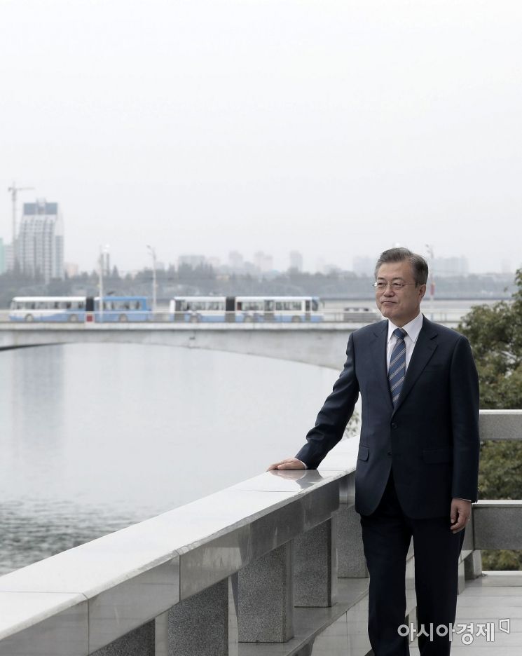 [포토]대동강 풍경 감상하는 문재인 대통령
