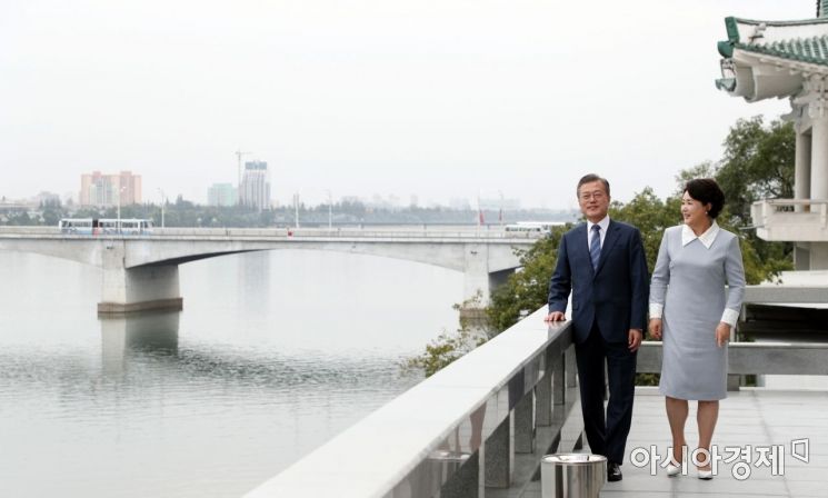 [포토]문재인 대통령과 김정숙 여사, 대동강을 배경으로 산책