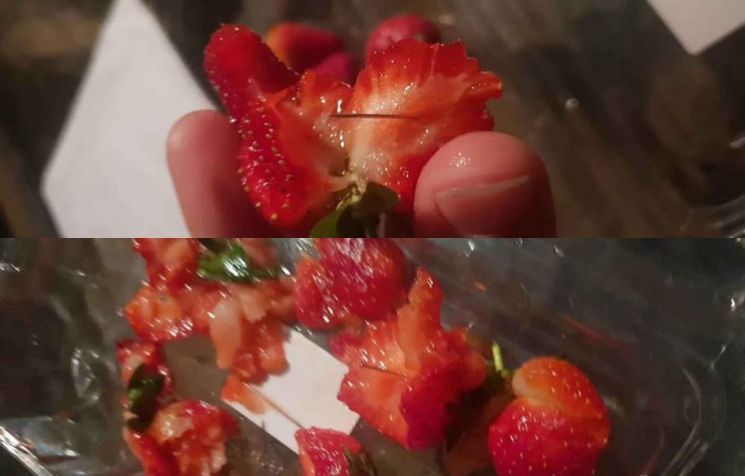 호주 퀸즐랜드에서 제보된 바늘 꽂힌 딸기. 주 정부는 현상금 8000만원을 내걸고 범인 색출에 나섰다. 사진 = Joshua Gane Facebook
