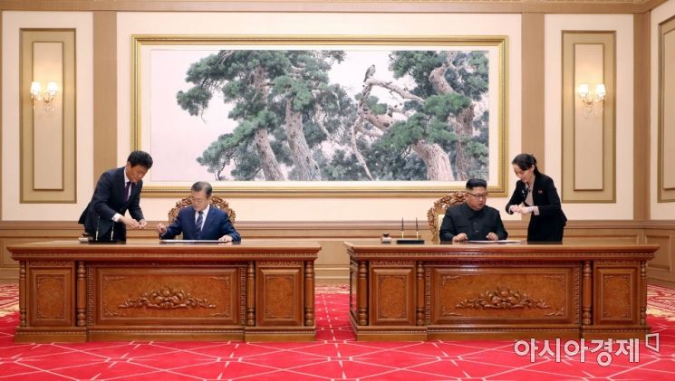 [포토] 평양공동선언 서명하는 남북 정상