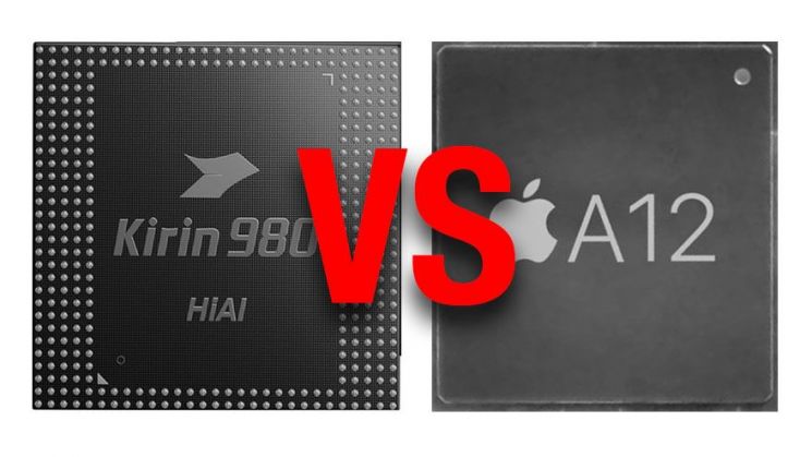 화웨이의 최신 AP 기린980(왼쪽)과 애플의 최신 AP A12바이오닉.