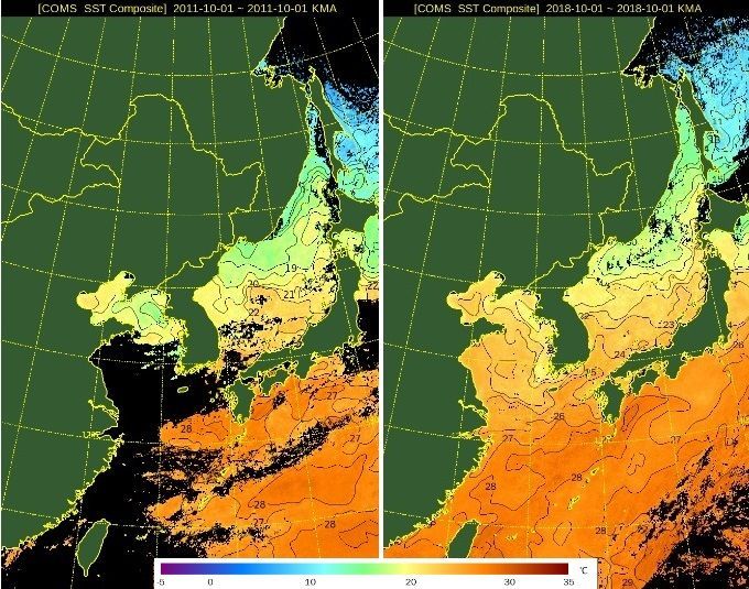 2011년 10월1일 한반도 주변 수역의 해수면 온도(왼쪽)와 올해 10월1일 해수면 온도(오른쪽) 분석영상. 올해는 지구온난화로 인한 역대급 폭염 속에 10월에도 한반도 주변 수역의 해수면 온도가 에년보다 높게 유지돼 태풍의 북상이 가능한 상황이다.(자료=국가기상위성센터)