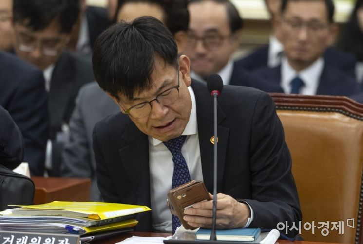 [포토] 휴대폰 확인하는 김상조 공정위원장