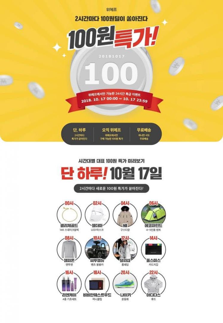 "17일 0시부터 나이키 운동화 100원"…위메프, '100원 특가' 프로모션