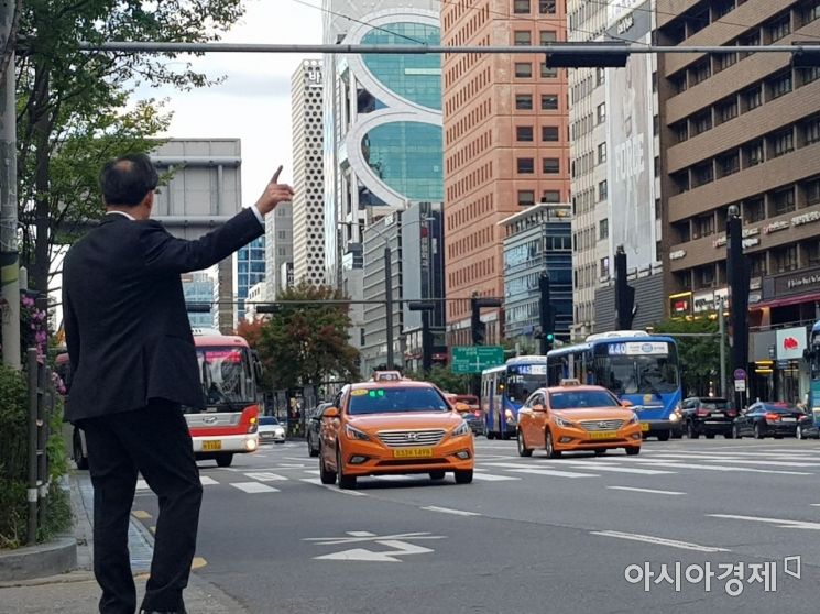 카카오의 카풀사업 진출에 반대하는 전국 택시업계 종사자들의 운행중단 및 집회가 열린 18일 오후 5시30분께 서울 강남역 인근의 한 도로에서 시민이 택시를 잡기 위해 손을 들고 있다. 송승윤 기자