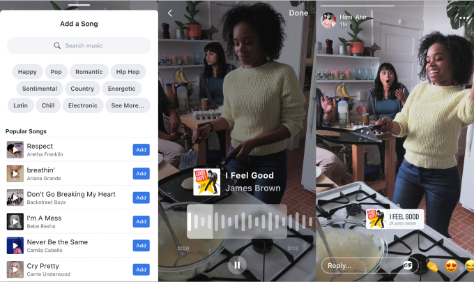 페이스북은 최근 스토리에 음악 스티커나 립싱크를 할 수 있는 기능을 추가했다.