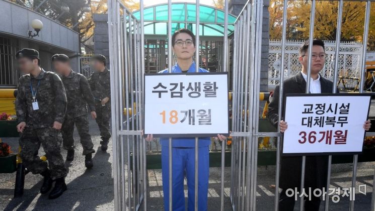 [포토] 징벌적 대체복무제 반대 퍼포먼스 지나는 군인들