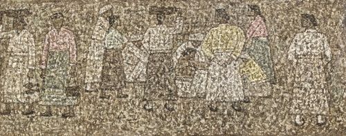 박수근, 시장의 사람들, 메소나이트에 유채, 24.9×62.4cm, 1961(뒷면 사인)[K옥션 제공]