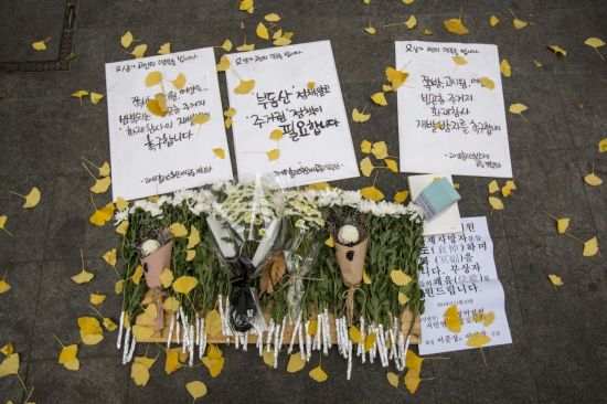 11월11일 화재로 7명이 사망한 서울 종로구 국일고시원 앞에 시민들의 고인들을 추모하는 추모꽃을 비롯한 추모물품이 놓여 있다./강진형 기자aymsdream@