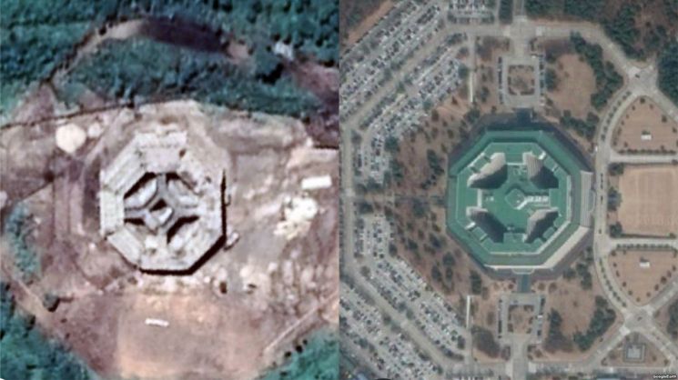 북한이 평안북도 영변군 고성리 인근의 군사훈련장에 건설한 팔각형 대형 건축물(왼쪽)과 충청남도 소재 계룡대의 '구글어스' 위성사진(사진=VOA 웹사이트 캡처).