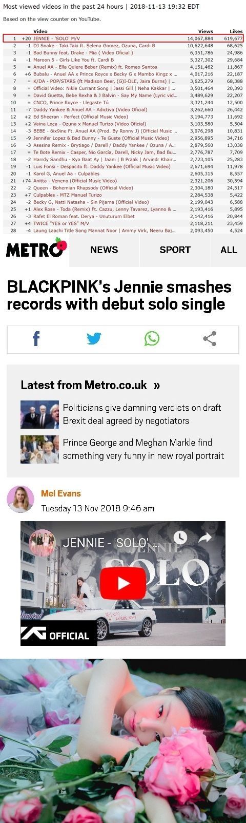 제니 'SOLO' 美 아이튠즈 톱10 진입