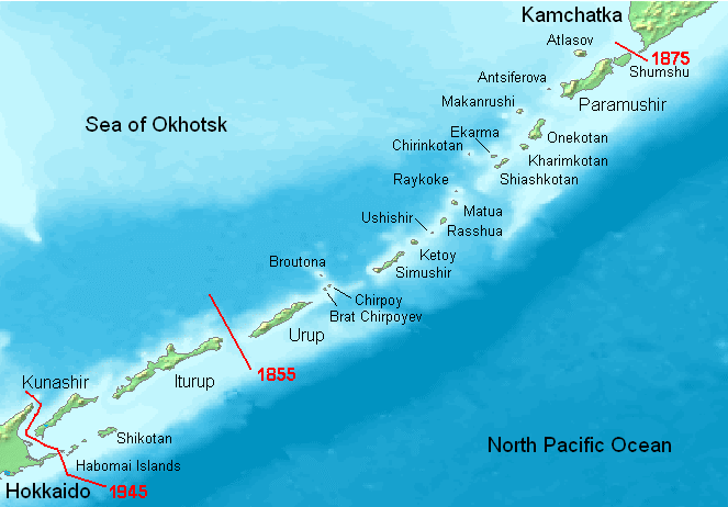 일본에서흔히 북방영토, 혹은 북방4도라 부르는 쿠릴열도 남부 4개섬은 홋카이도 인근 해안에 위치한 쿠나시르, 하보마이, 시코탄, 이투루프 등 4개 섬이다. 이 섬들은 1855년 에도막부와 러시아제국간 친선조약에 따라 최초 획정된 국경에서 일본령이었던 섬들이다.(자료=위키피디아)