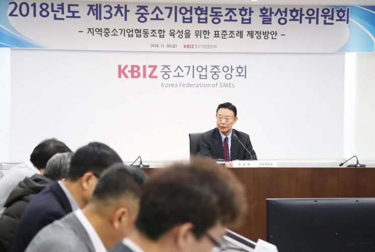 30일 서울 여의도 중기중앙회에서 열린 협동조합활성화위원회에서 정명화 공동위원장이 위원들에게 '표준조례안 제정방안' 등에 대해 이야기를 하고 있다.