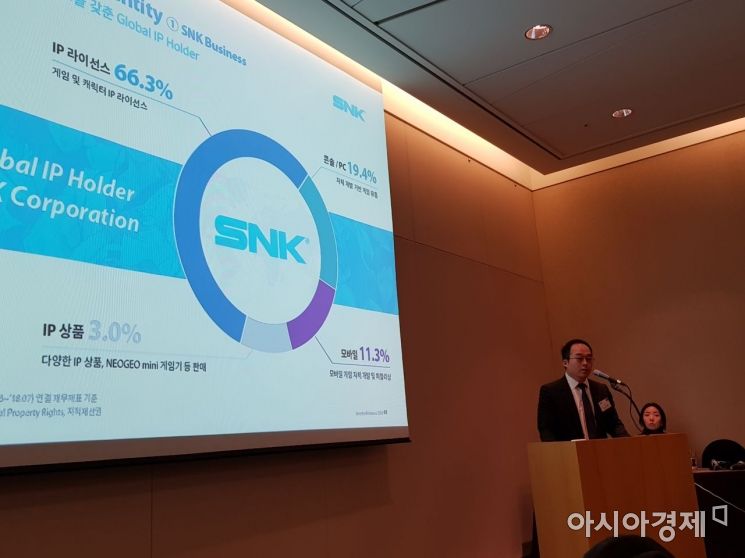 5일 낮 서울 영등포구 한화금융센터에서 열린 SNK IPO 기자간담회에서 김선행 부사장이 회사 소개를 하고 있다.