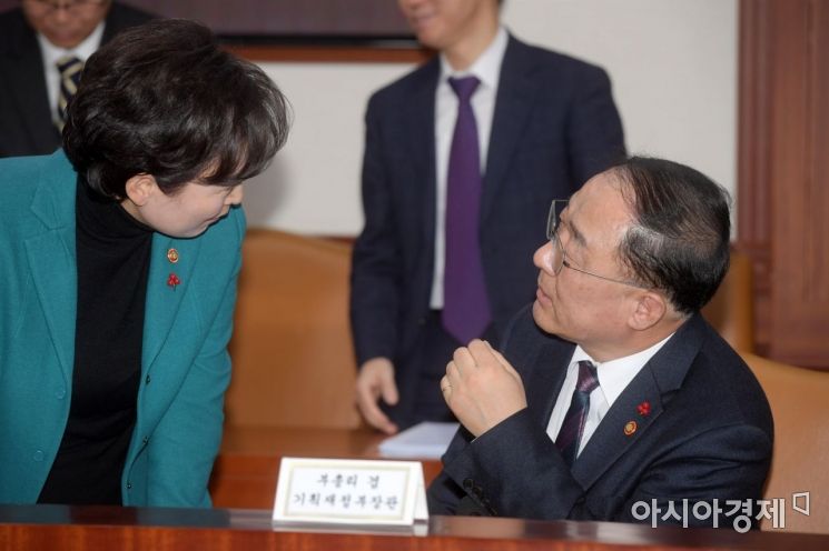 [포토]회의 마치고 머리 맞댄 홍남기·김현미