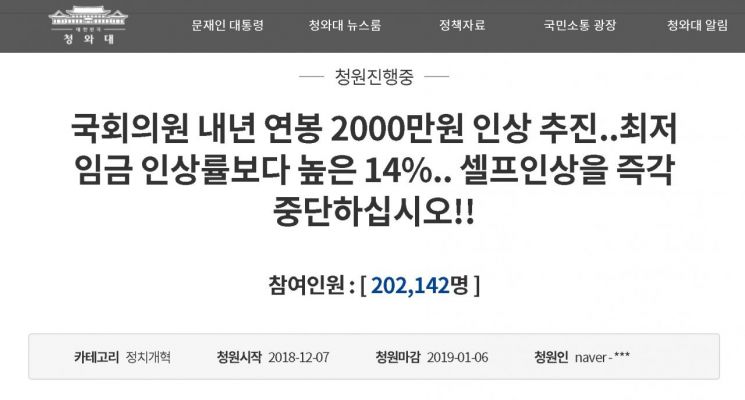 "'국회의원 연봉 셀프인상' 반대" 靑국민청원 20만 돌파