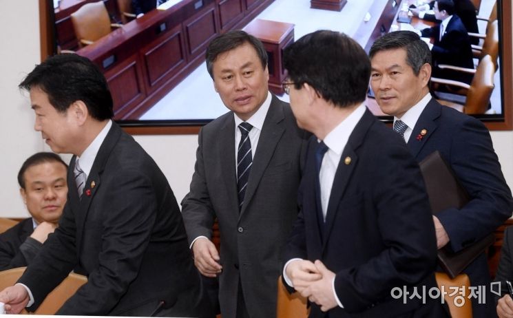 [포토] 현안점검회의 참석하는 도종환-정경두 장관