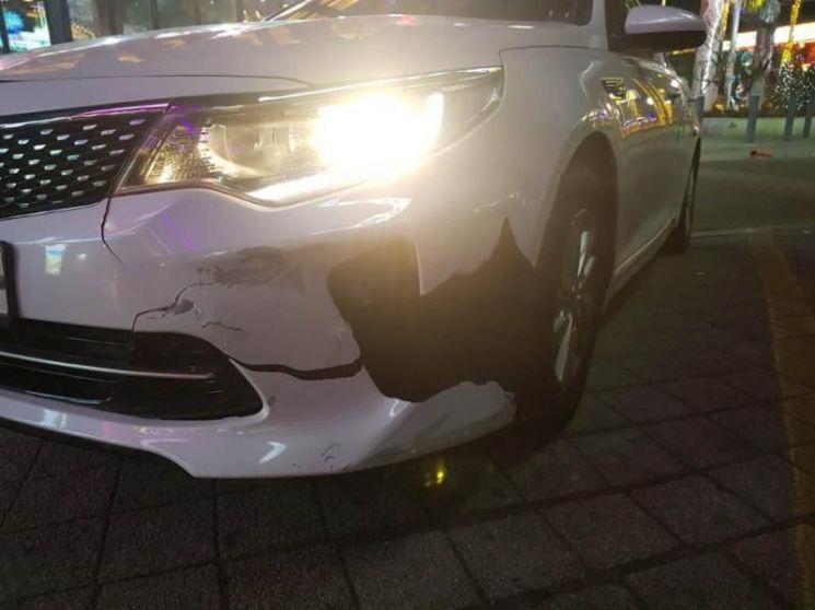 갑자기 튀어나온 대형견과 부딪힌 직후 박성수씨의 렌트 차량 모습