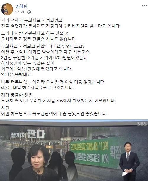 손혜원 더불어민주당 의원이 부동산 투기 의혹과 관련해 강하게 반박했다/사진=손혜원 의원 페이스북