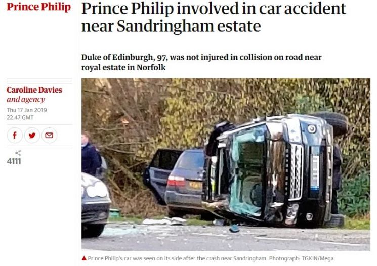 필립공의 교통사고 소식을 보도한 영국 일간 가디언 홈페이지 캡처.