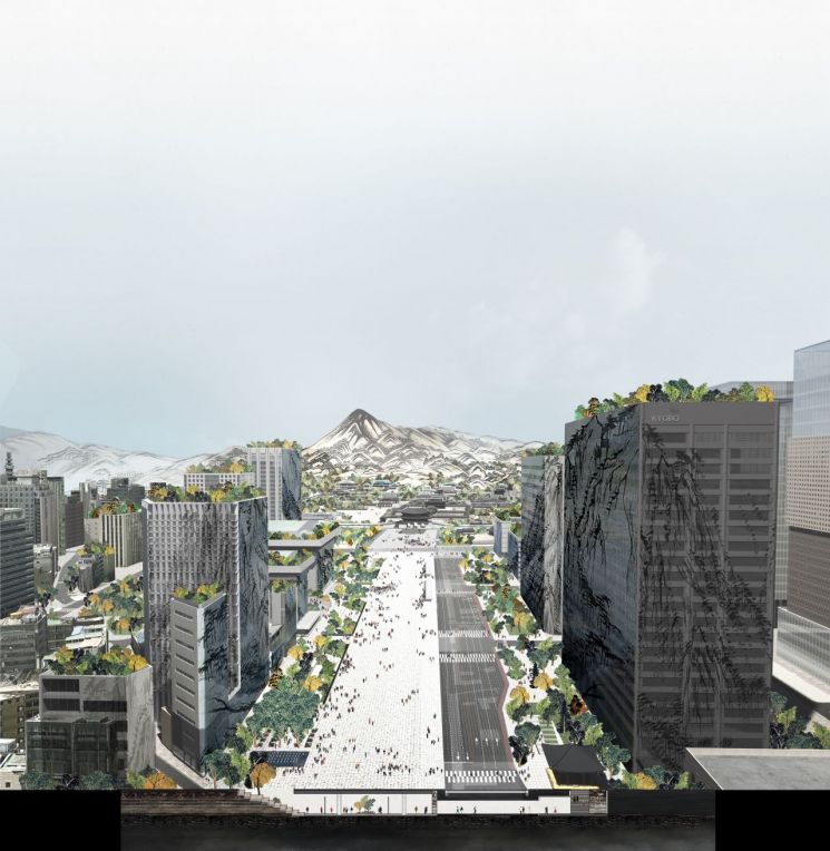 서울시는 21일 세종문화회관 앞 차로 등을 편입해 광화문 광장의 크기를 3.7배 확장하는 등의 내용을 담은 '광화문광장 국제설계공모 최종 당선작'을 공개했다. 사진은 2021년 완공될 것으로 보이는 광화문광장 조감도.