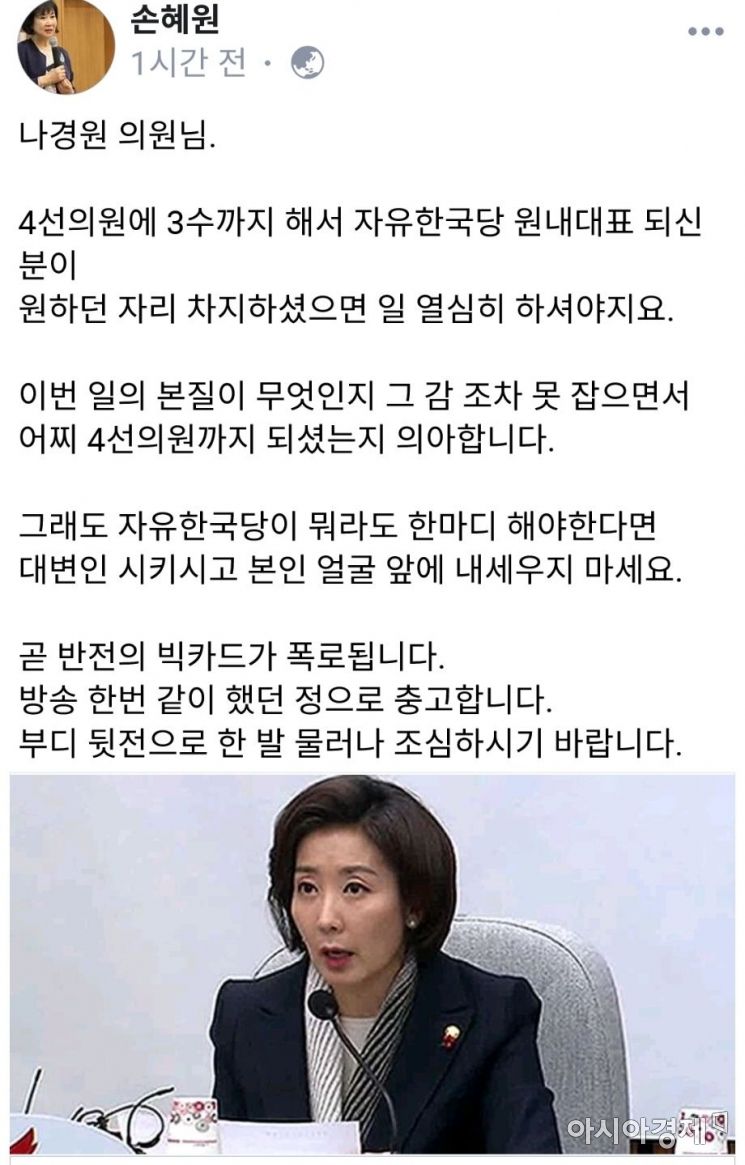 ▲손혜원 무소속 의원이 22일 자신의 페이스북에 올린 글.