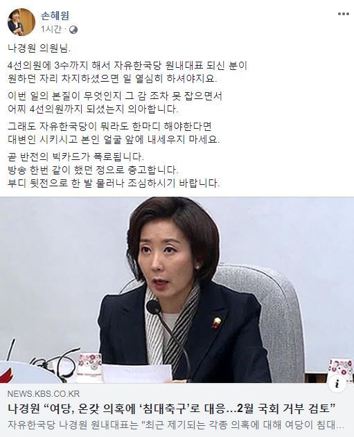 손혜원 무소속 의원이 나경원 자유한국당 원내대표를 향해 경고장을 날렸다/사진=손혜원 의원 페이스북