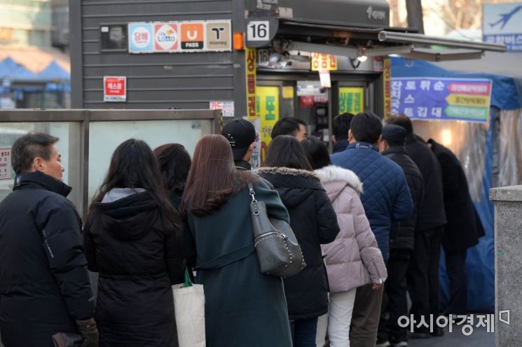 명당이라고 입소문 난 서울 영등포구의 한 로또 판매점 앞에서 시민들이 실낱같은 희망을 품고 길게 줄지어 서 있다. /문호남 기자 munonam@