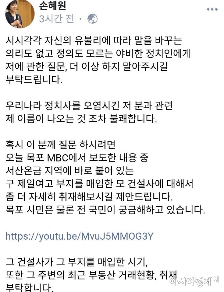 ▲손혜원 무소속 의원이 25일 자신의 페이스북에 올린 글.