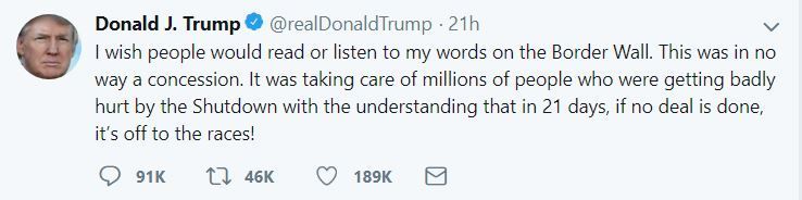 트럼프, '빈손 셧다운' 하루 만에 또 트윗으로 '공포 전술'