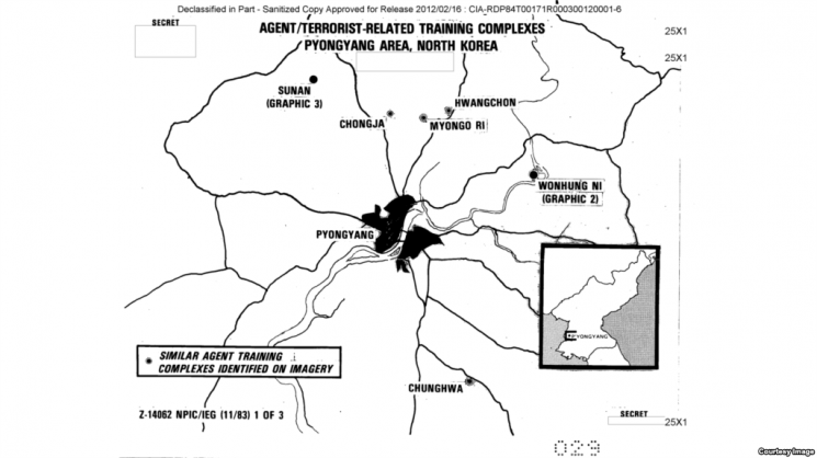 미국 중앙정보국(CIA)은 최근 기밀해제된 1983년 작성 보고서에서 평양 일대 테러 요원 훈련장 6곳의 위치를 표시했다. <사진=VOA에서 재인용>