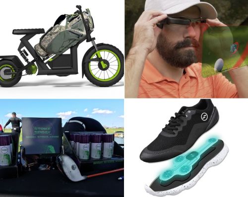 2019 PGA머천다이즈쇼에 출시된 전기 모토바이크와 스윙 선글라스, 스마트 신발, 스트라이크 스프레이(왼쪽부터 시계방향으로)다. 사진=골프다이제스트