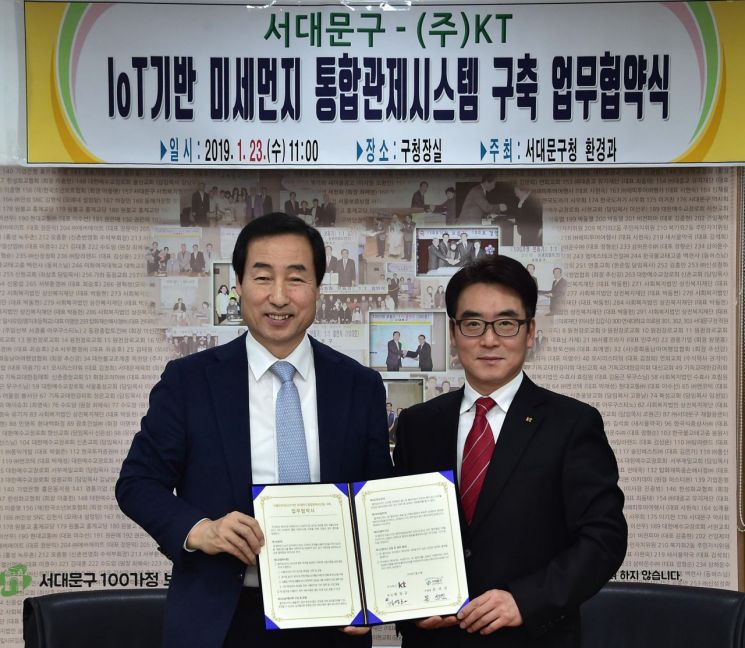 협약식에 참석한 문석진 서대문구청장(왼쪽)과 김영호 KT 강북고객본부장