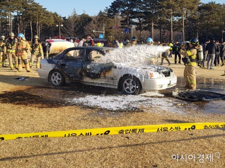 서울 여의도 국회의사당 내 잔디 밭에서 분신으로 추정되는 차량 화재가 발생했다. 사진=원다라 기자