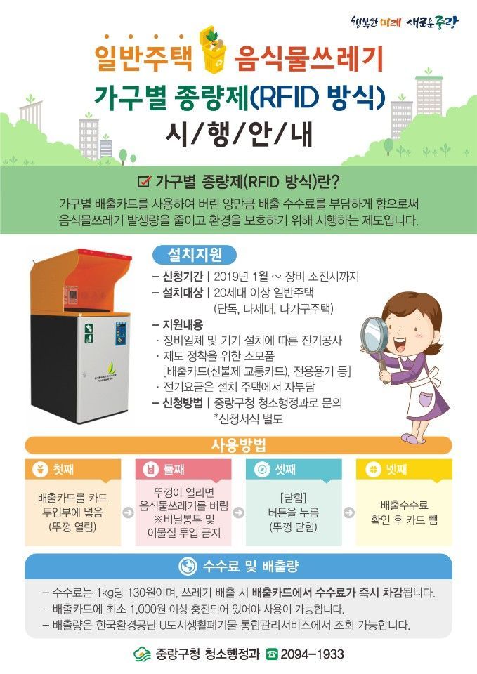 중랑구, 일반주택에 음식물쓰레기 무선인식(RFID) 종량기기 무상지원