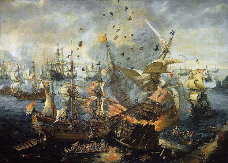 1607년 스페인과 네덜란드의 지브롤터 해전을 그린 그림. 당시 전투는 적선의 격침보다는 근접전으로 적의 배와 화물을 뺏는데 더 집중돼있었다.(사진=위키피디아)