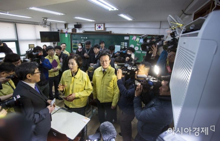 [포토]초등학교 교실 공기청정기 점검하는 사회부총리