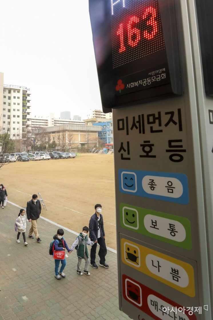 수도권 지역에 미세먼지 비상저감조치가 엿새째 이어지고 있는 6일 서울 여의도초등학교에서 어린이들이 마스크를 착용한채 등교하고 있다./강진형 기자aymsdream@
