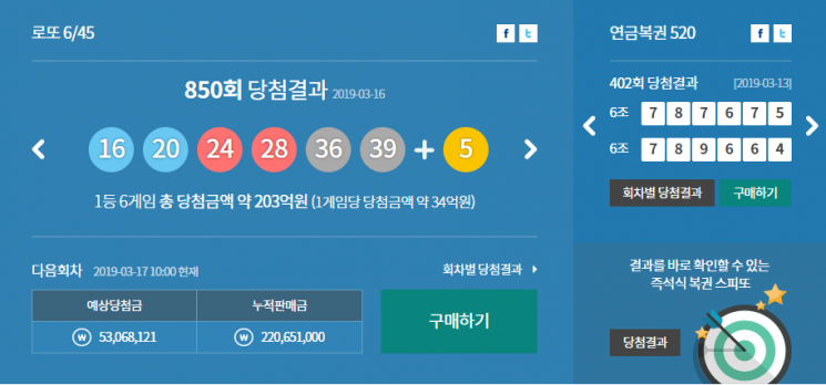 제850회 로또복권 당첨번호 = 사진 / 동행복권 홈페이지 캡처