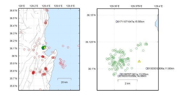 조사단이 포항지역과 그 주변에서 식별한 총 520개의 지진들 중 초기위치가 결정된 총 253개의 진앙 위치.