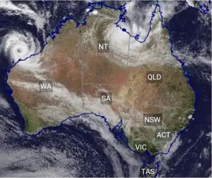 초대형 사이클론 2개의 영향권 아래 들어간 호주 북부 위성 사진호주 기상청 홈페이지 (www.bom.gov.au) 캡처