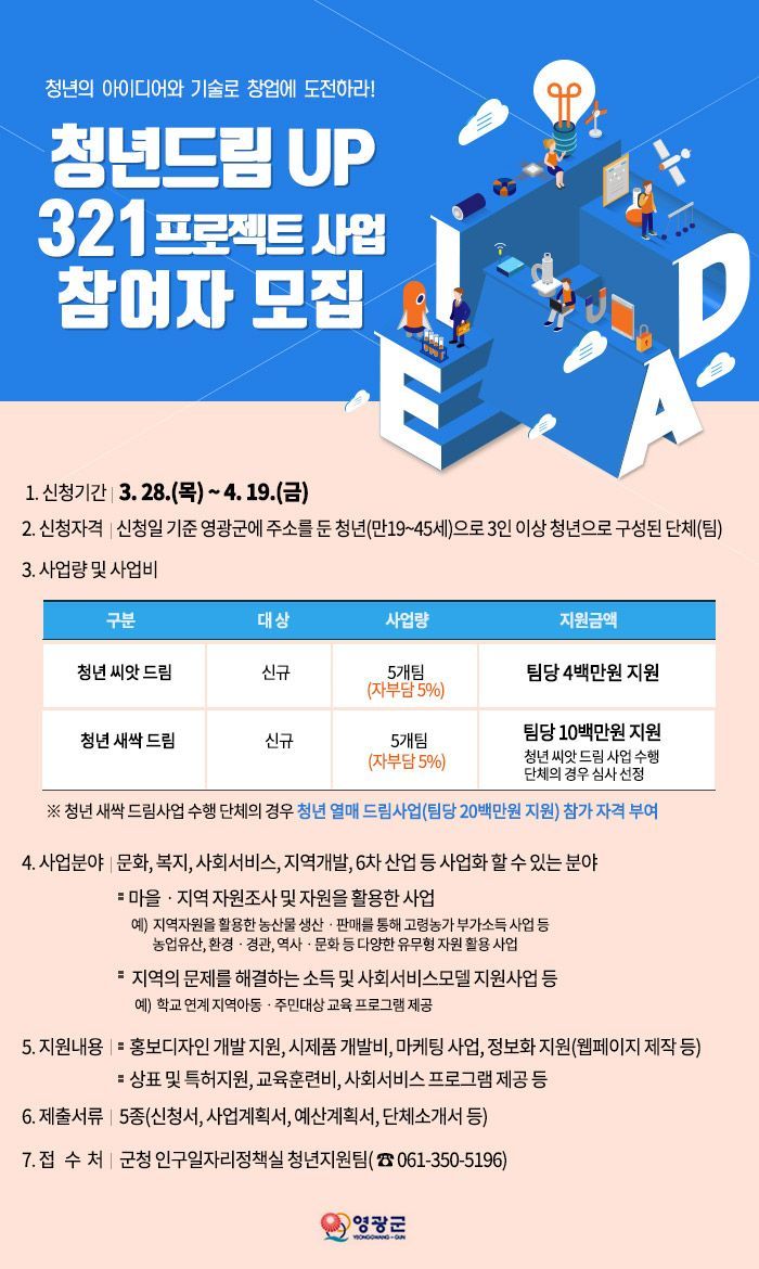 영광군 ‘청년드림UP 321프로젝트 사업’ 참여자 모집