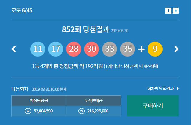 제852회 로또 1등 당첨번호와 2등 보너스 번호 / 사진 = 동행복권 홈페이지 캡처