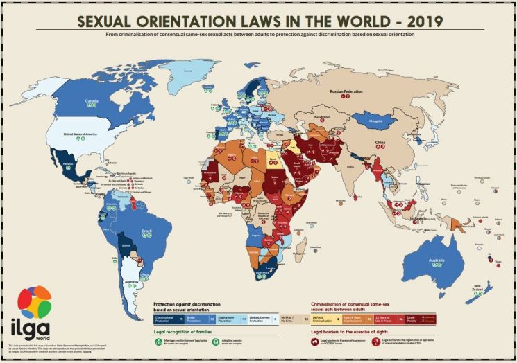2019년 전 세계 동성애 행위에 대한 법 (출처 : 국제레즈비언게이협회(ILGA))