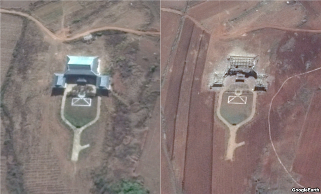 북한이 평양 외곽 사동구역 대원리에 세운 청와대 모형건물의 위성사진. 지난 2016년 10월 촬영 사진(왼쪽. 디지털글로브 제공 '구글어스')에는 멀쩡한 모습이지만, 6개월 후인 2017년 4월 사진(CNES/에어버스 제공 '구글어스 )에는 포격으로 무너진 상태다.