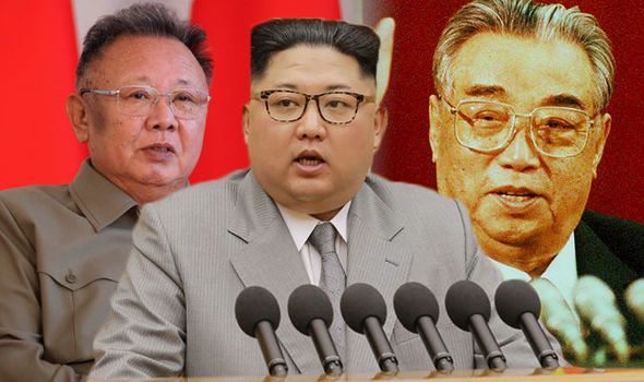 왼쪽부터 김정일 국방위원장, 김정은 국무위원장, 김일성 주석