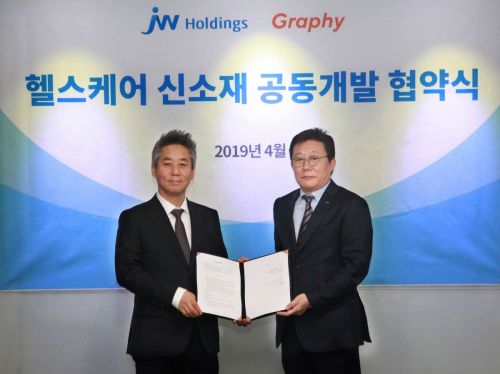한성권 JW홀딩스 대표(오른쪽)와 심운섭 그래피 대표가 '헬스케어 신소재' 공동개발 계약을 체결하고 기념촬영을 하고 있다.
