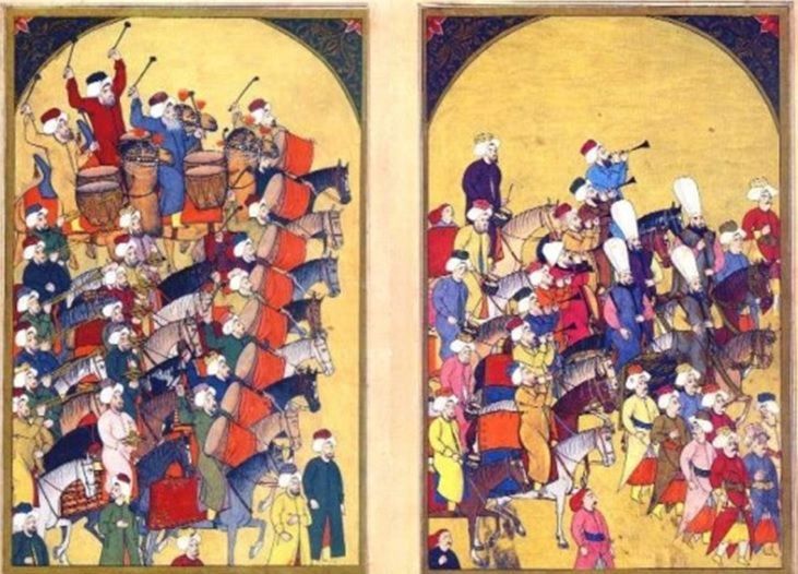 세계 최초의 군악대이자 모차르트의 터키행진곡 탄생의 기원이 된 것으로 알려진 18세기 메흐테르 군악대의 모습을 그린 그림.(사진=국방홍보원)