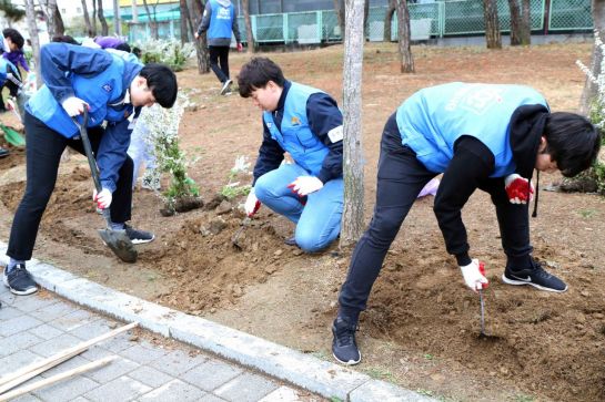 KCC 직원들이 서울 서초구 용허리근린공원에서 미세먼지 저감을 위한 나무 심기 활동을 펼치고 있다.